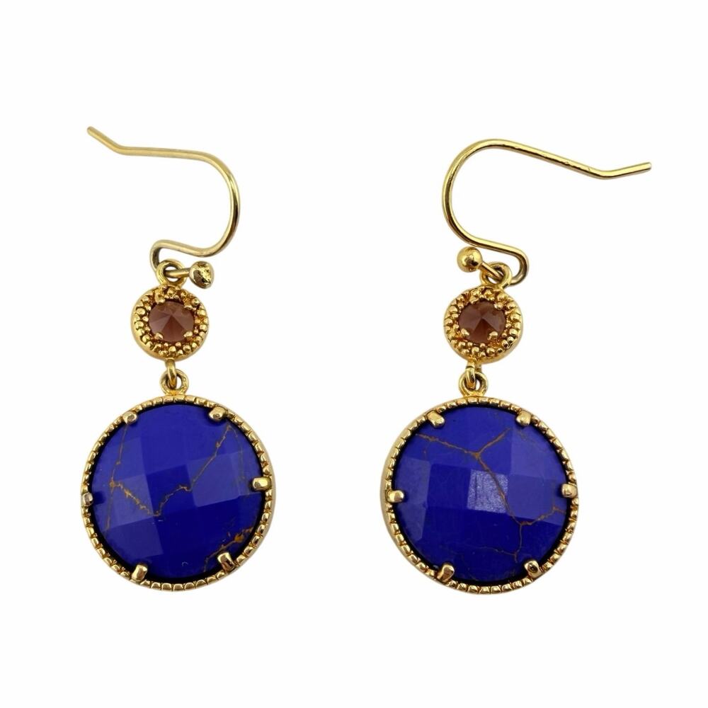 Modern Dainty Elegant Faux Lapis Pink Crystal Dangle Gold Tone 1.25" Earrings